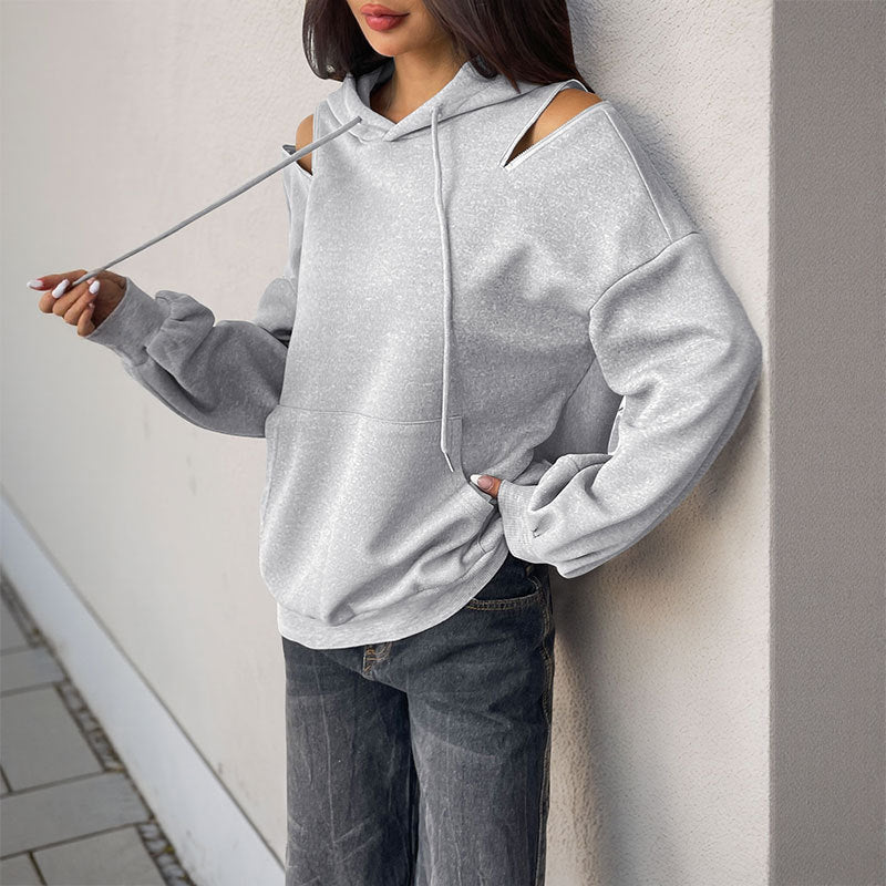 Damen Lässiger Kapuzenpullover mit Schulteröffnungen, Kängurutasche und gerippten Bündchen Shop Nory