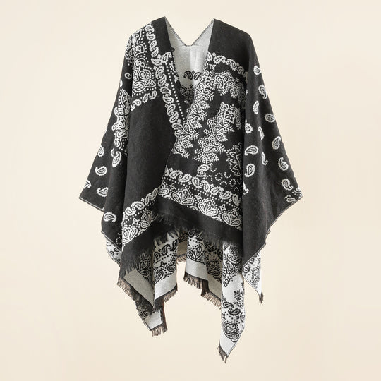 Damen Jacquard-Umhangponcho mit Paisley-Muster und Fransen Shop Nory