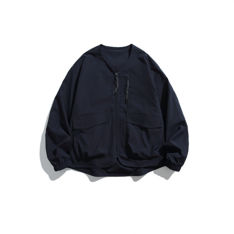 Unisex Leichte Oversize-Utility-Jacke ohne Kragen mit Frontreißverschluss und aufgesetzten Pattentaschen Shop Nory