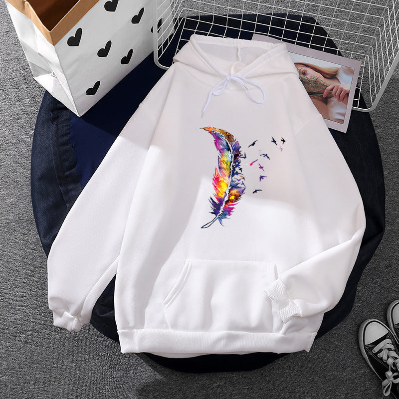 Damen nan Kapuzenpullover mit künstlerischem Aquarell‑Federmotiv, Oversize‑Schnitt und Kängurutasche Shop Nory