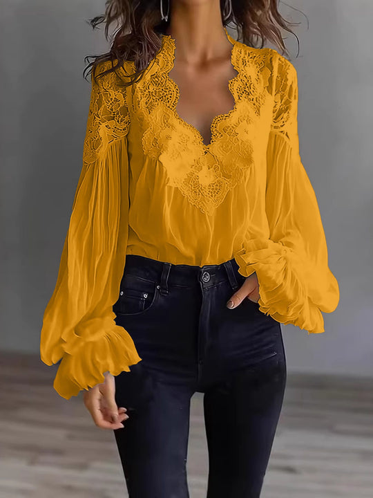 Damen Chiffon-Bluse mit Spitzen-V-Ausschnitt und weiten Plissee-Ärmeln Shop Nory