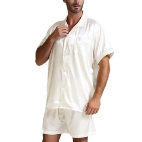 Damen Satin-Pyjama-Set mit kurzer Hose und elegantem Kragen Shopnory