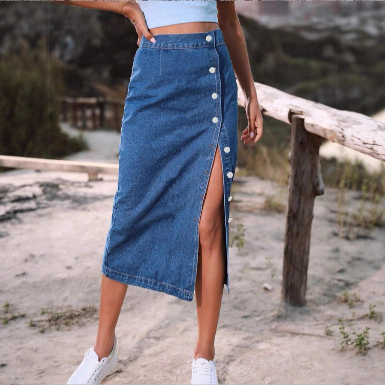 Damen Jeans-Midirock mit seitlicher Knopfleiste und hohem Beinschlitz Shop Nory