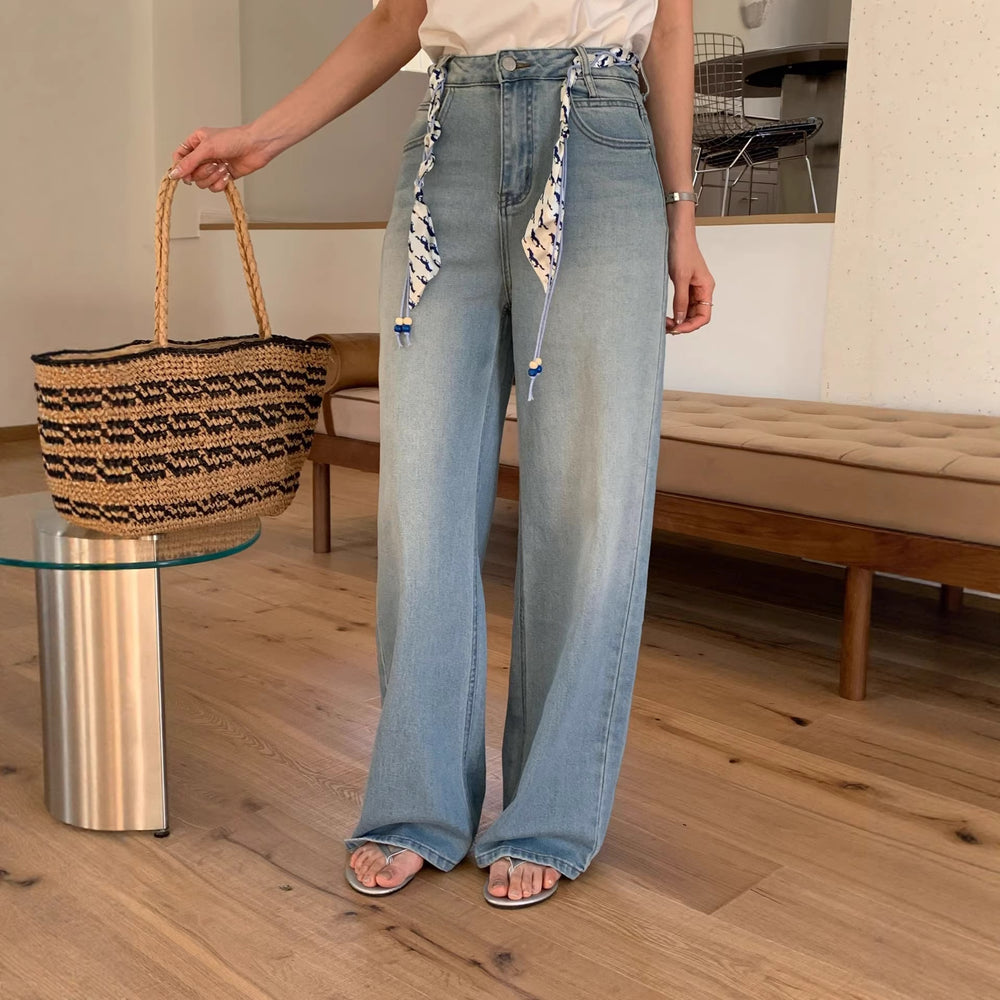 Damen Weite Jeanshose mit dekorativem Gürtel Shop Nory