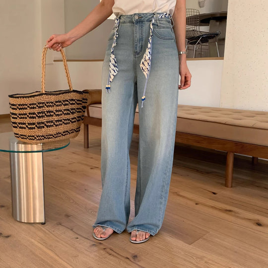 Damen Weite Jeanshose mit dekorativem Gürtel Shop Nory