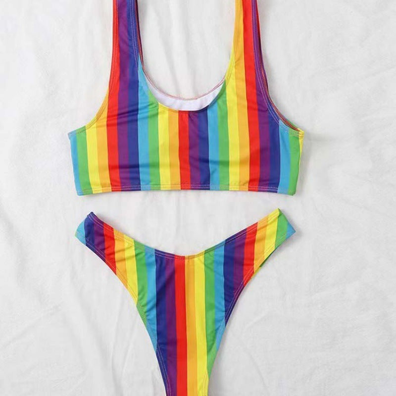 Damen Triangel-Bikini mit verstellbaren Trägern und buntem Streifenmuster Shopnory