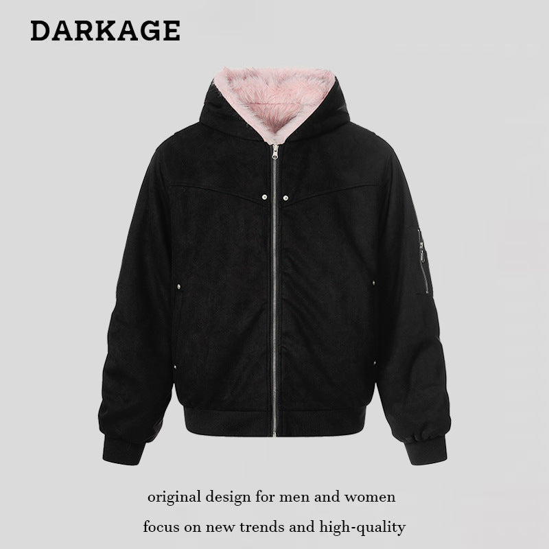 Damen Gepolsterte Kapuzen-Bomberjacke mit Kunstfellfutter, Velours-Außenmaterial und Reißverschluss Shop Nory
