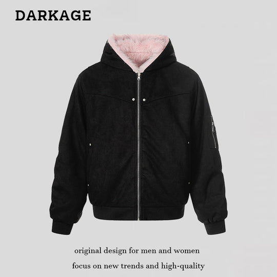 Damen Gepolsterte Kapuzen-Bomberjacke mit Kunstfellfutter, Velours-Außenmaterial und Reißverschluss Shop Nory