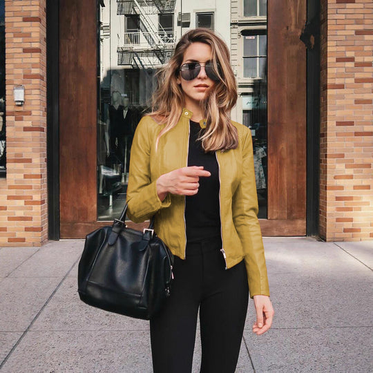 Damen nan taillierte Lederjacke mit Stehkragen und verdecktem Reißverschluss Shop Nory