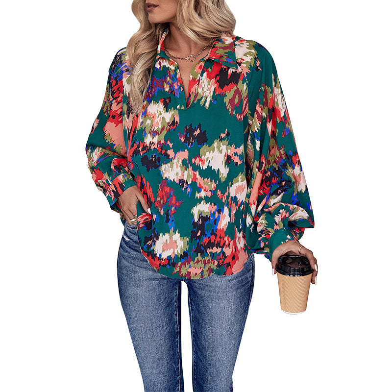 Damen Chiffonbluse mit weitem Ballonärmel, V-Ausschnitt und abstraktem Allover-Print Shop Nory