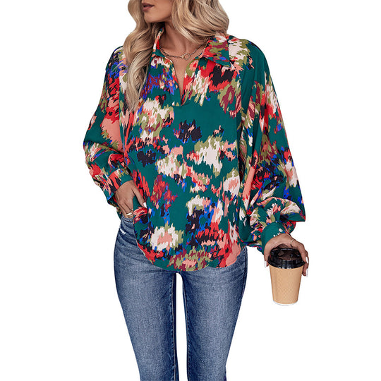 Damen Chiffonbluse mit weitem Ballonärmel, V-Ausschnitt und abstraktem Allover-Print Shop Nory