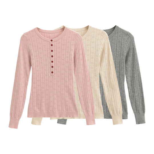 Damen Feinstrick-Longsleeve mit Knopfleiste und Strukturstrick Shop Nory