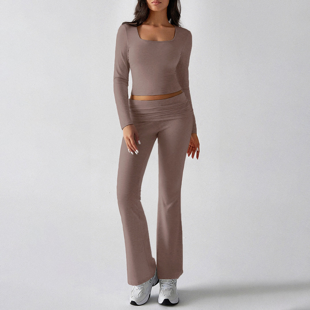 Damen nan figurbetontes Cropped-Set mit langärmeligem Top mit quadratischem Ausschnitt und ausgestellter High‑Waist Yoga-Hose Shop Nory