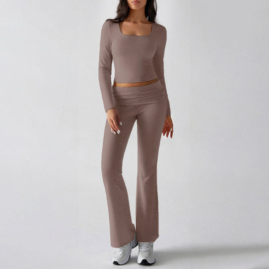Damen nan figurbetontes Cropped-Set mit langärmeligem Top mit quadratischem Ausschnitt und ausgestellter High‑Waist Yoga-Hose Shop Nory