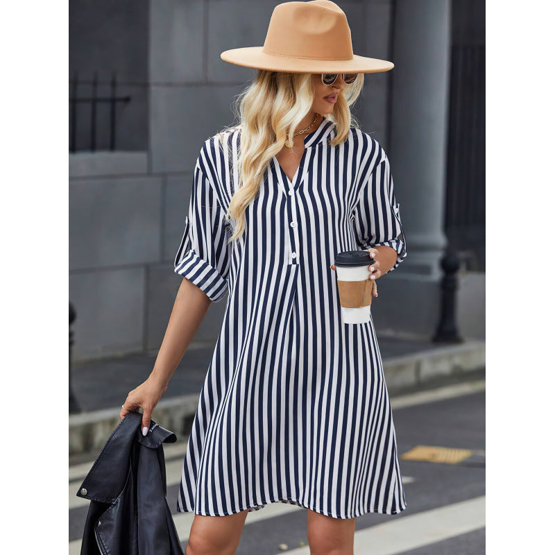 Damen gestreiftes Button-Down Hemdkleid