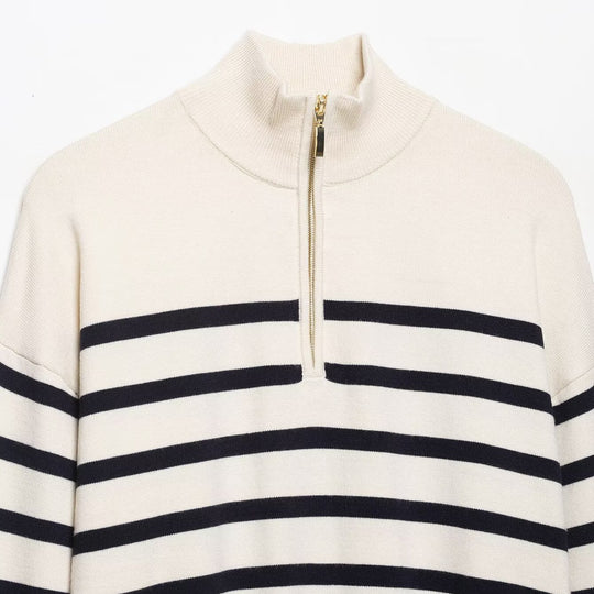 Damen Cropped Boxy Strickpullover mit halbem Reißverschluss, Stehkragen und breiten Streifen Shop Nory