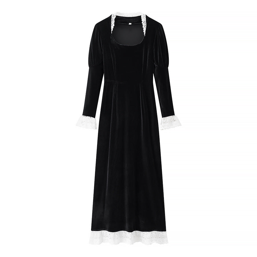 Damen Maxikleid aus Samt mit quadratischem Ausschnitt, Puffärmeln und Spitzenbesatz Shop Nory
