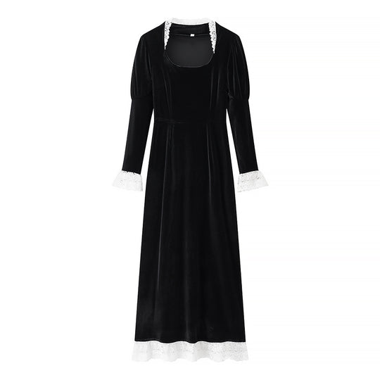 Damen Maxikleid aus Samt mit quadratischem Ausschnitt, Puffärmeln und Spitzenbesatz Shop Nory