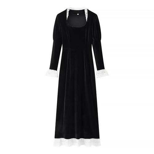 Damen Maxikleid aus Samt mit quadratischem Ausschnitt, Puffärmeln und Spitzenbesatz Shop Nory