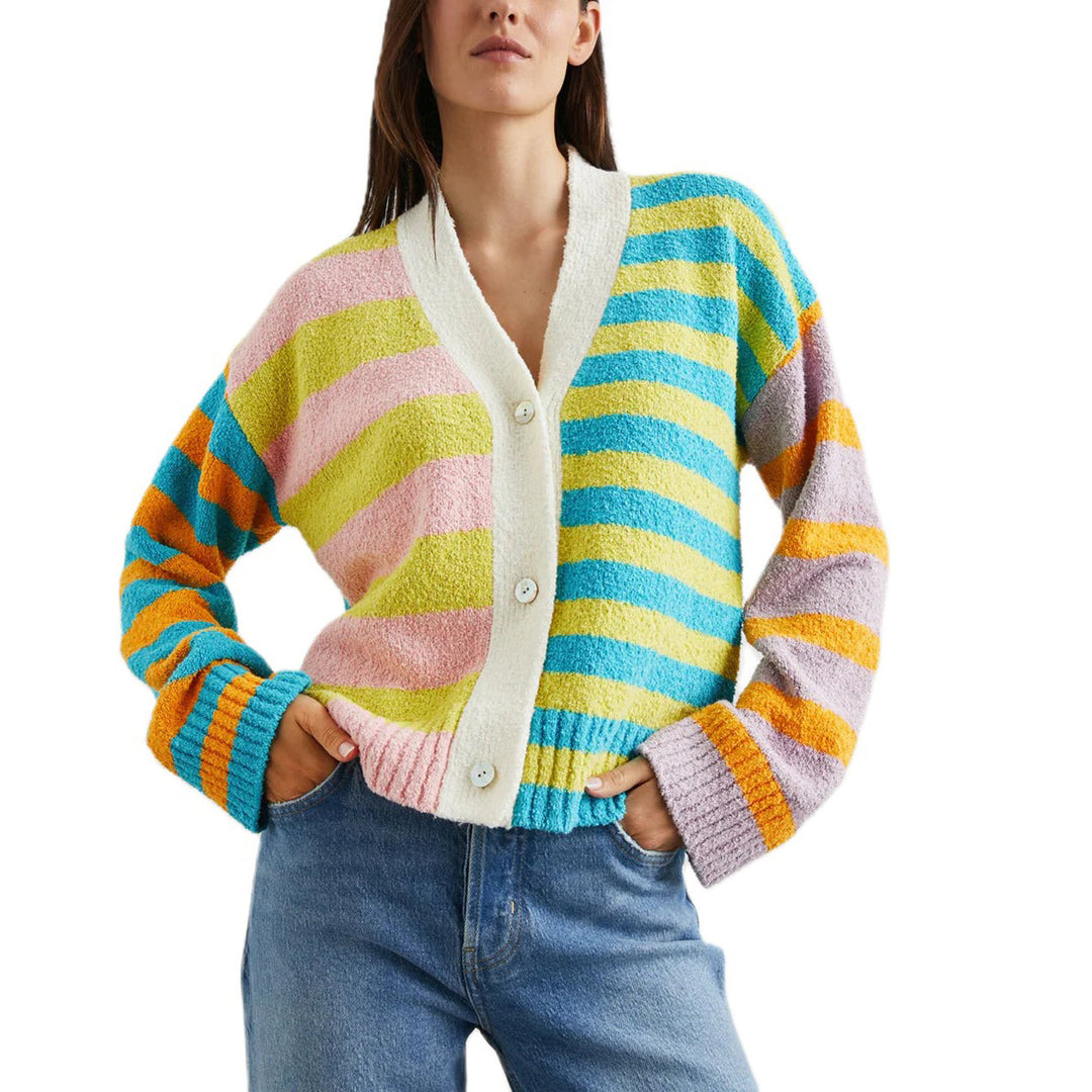 Damen lockerer gestreifter Frottee-Cardigan mit V-Ausschnitt und Knopfleiste Shop Nory
