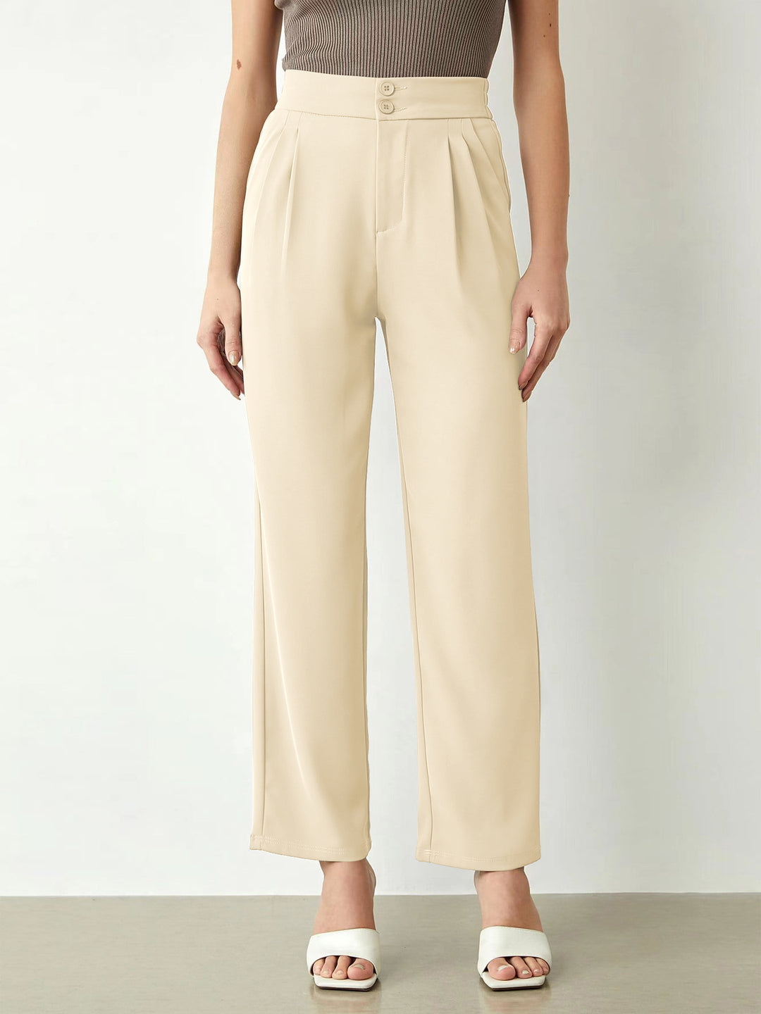Damen Hochtaillierte weite Stoffhose mit Bundfalten und Doppelknopf Shop Nory