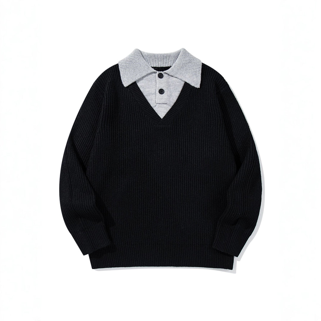 Herren Gerippter Strickpullover mit Polokragen‑Einsatz und tiefem V‑Ausschnitt Shop Nory