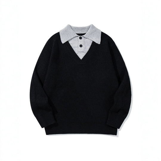 Herren Gerippter Strickpullover mit Polokragen‑Einsatz und tiefem V‑Ausschnitt Shop Nory