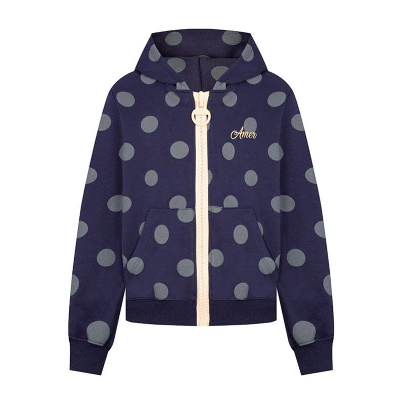 Damen Kurz geschnittene Kapuzen‑Zipjacke mit großflächigem Punktmuster und dekorativem Reißverschluss Shop Nory