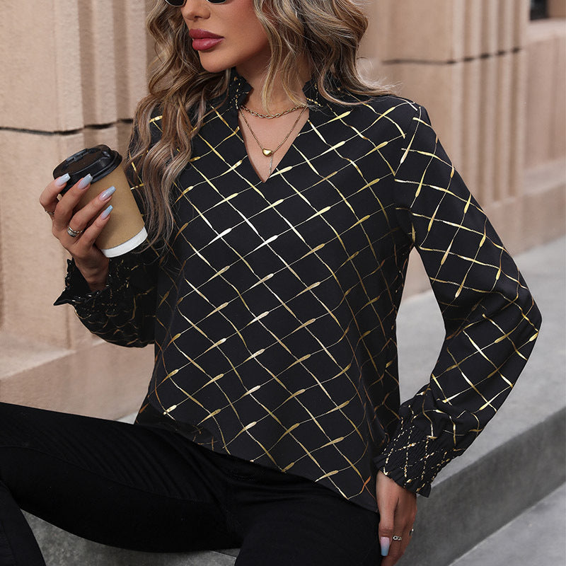 Damen Elegante Bluse mit geometrischem Muster und Rüschen Shop Nory