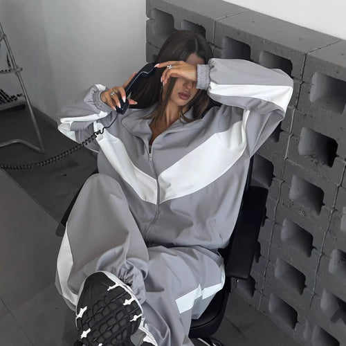 Damen sportives Zweiteiler-Set aus Oversize-Trackjacke mit Reißverschluss und weitem Bundfalten-Hose Shop Nory