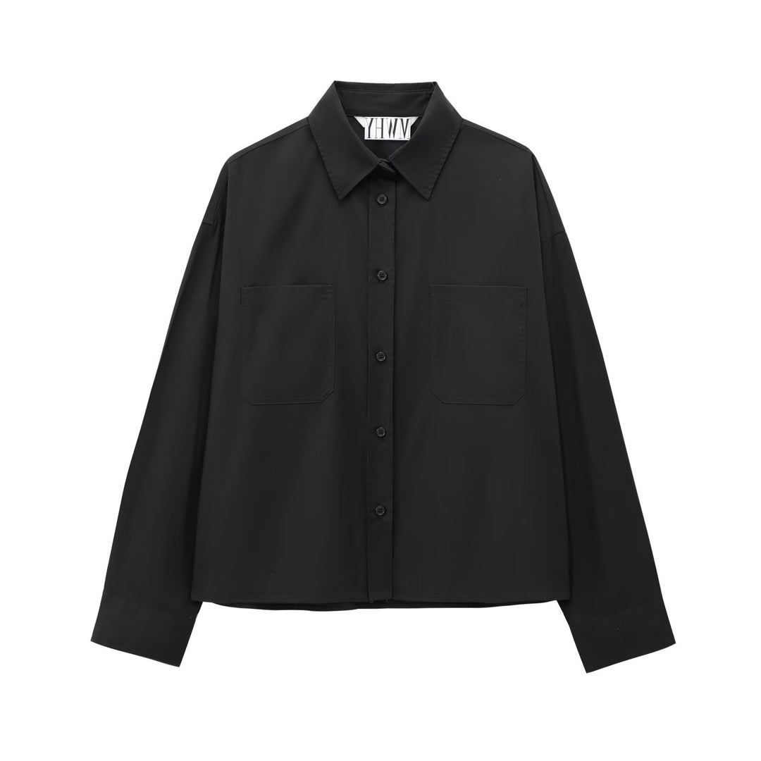 Damen Boxy-Cropped-Hemdjacke mit aufgesetzten Brusttaschen Shop Nory