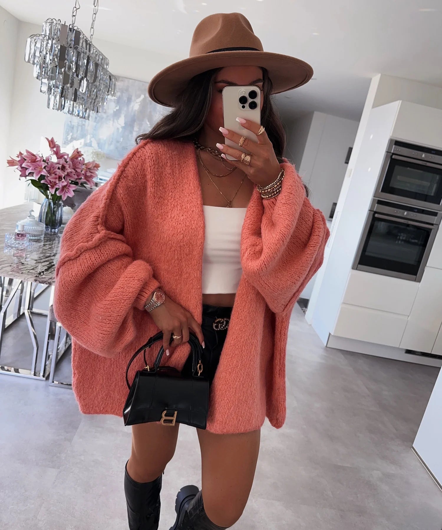 Damen oversized Strickjacke mit lässigen Ballonärmeln und strukturiertem Material