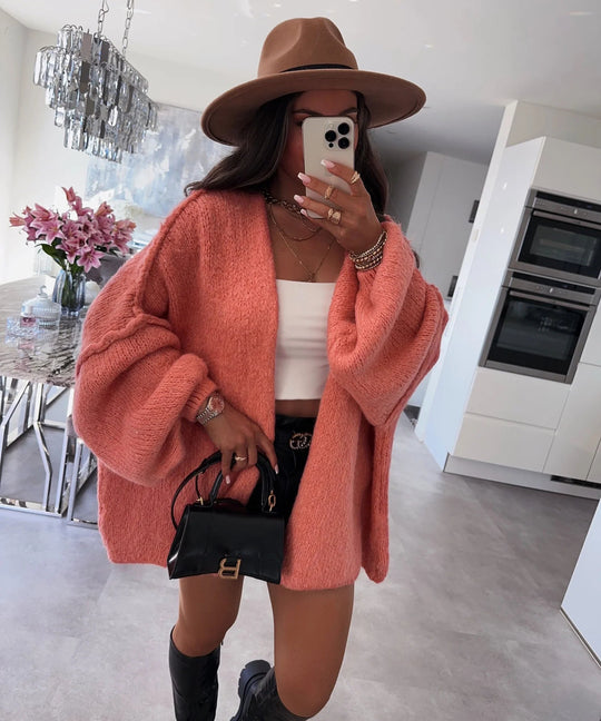 Damen oversized Strickjacke mit lässigen Ballonärmeln und strukturiertem Material