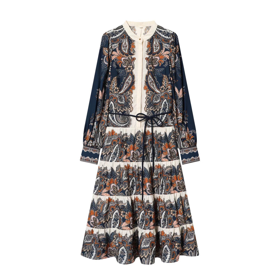 Damen Maxikleid im Stufenrock-Design mit Paisley-Print, Stehkragen und Taillenschnur Shop Nory