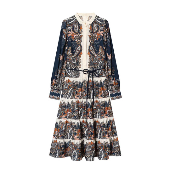 Damen Maxikleid im Stufenrock-Design mit Paisley-Print, Stehkragen und Taillenschnur Shop Nory