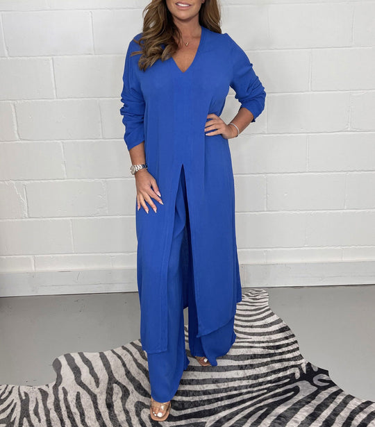 Damen Langes V‑Ausschnitt Tunika‑Kleid mit Frontschlitz und weiter Palazzohose Shop Nory