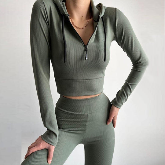 Damen geripptes Lounge-Set mit halbem Reißverschluss und hoher Taille Shop Nory