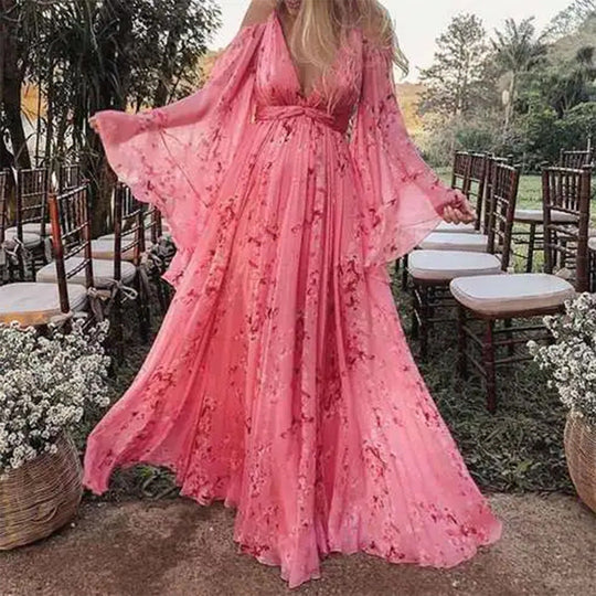 Damen Luftiges Maxi-Kleid mit floralen Akzenten und schwingenden Ärmeln