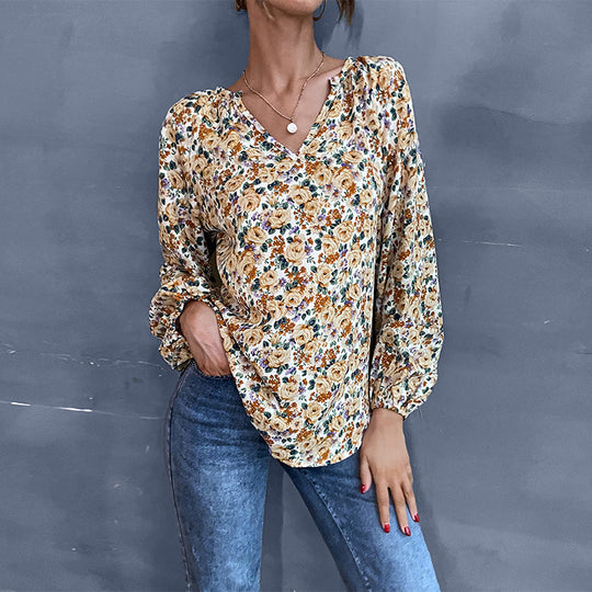 Damen Leichte V-Ausschnitt Blumenbluse mit Ballonärmeln Shop Nory
