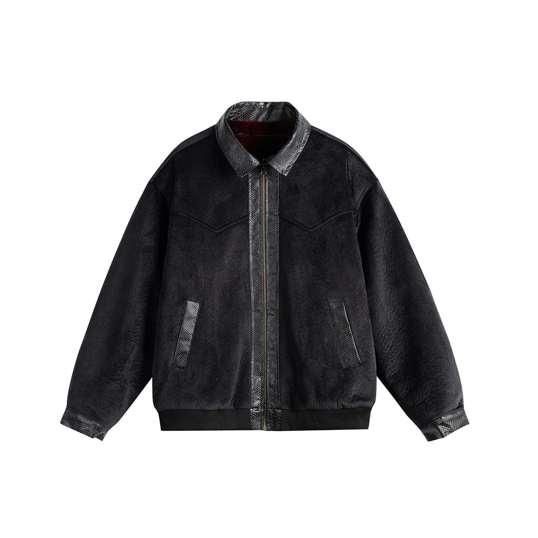 Unisex Oversize Blousonjacke aus Velours‑Suede mit Reptilprägung‑Besatz und wärmender Teddyungfutter Shop Nory