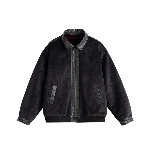 Unisex Oversize Blousonjacke aus Velours‑Suede mit Reptilprägung‑Besatz und wärmender Teddyungfutter Shop Nory