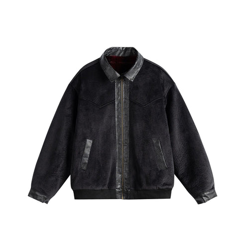 Unisex Oversize Blousonjacke aus Velours‑Suede mit Reptilprägung‑Besatz und wärmender Teddyungfutter Shop Nory