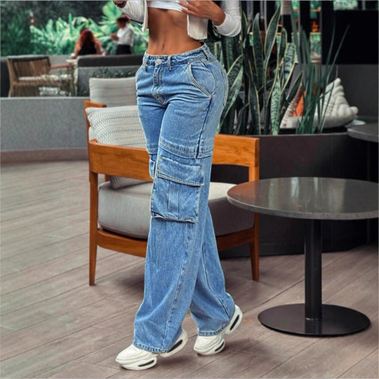 Damen lässige Cargo-Denim-Baggyhose mit extragroßen Klappentaschen und geradem Bein Shop Nory