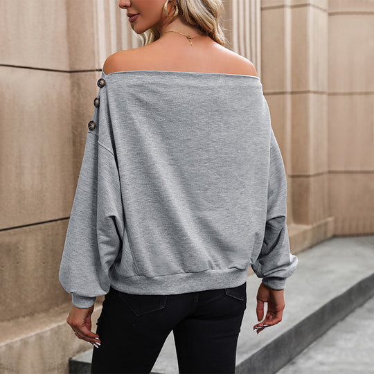 Damen Oversize Off-Shoulder Sweatshirt mit Zierknopfleiste und Ballonärmeln Shop Nory