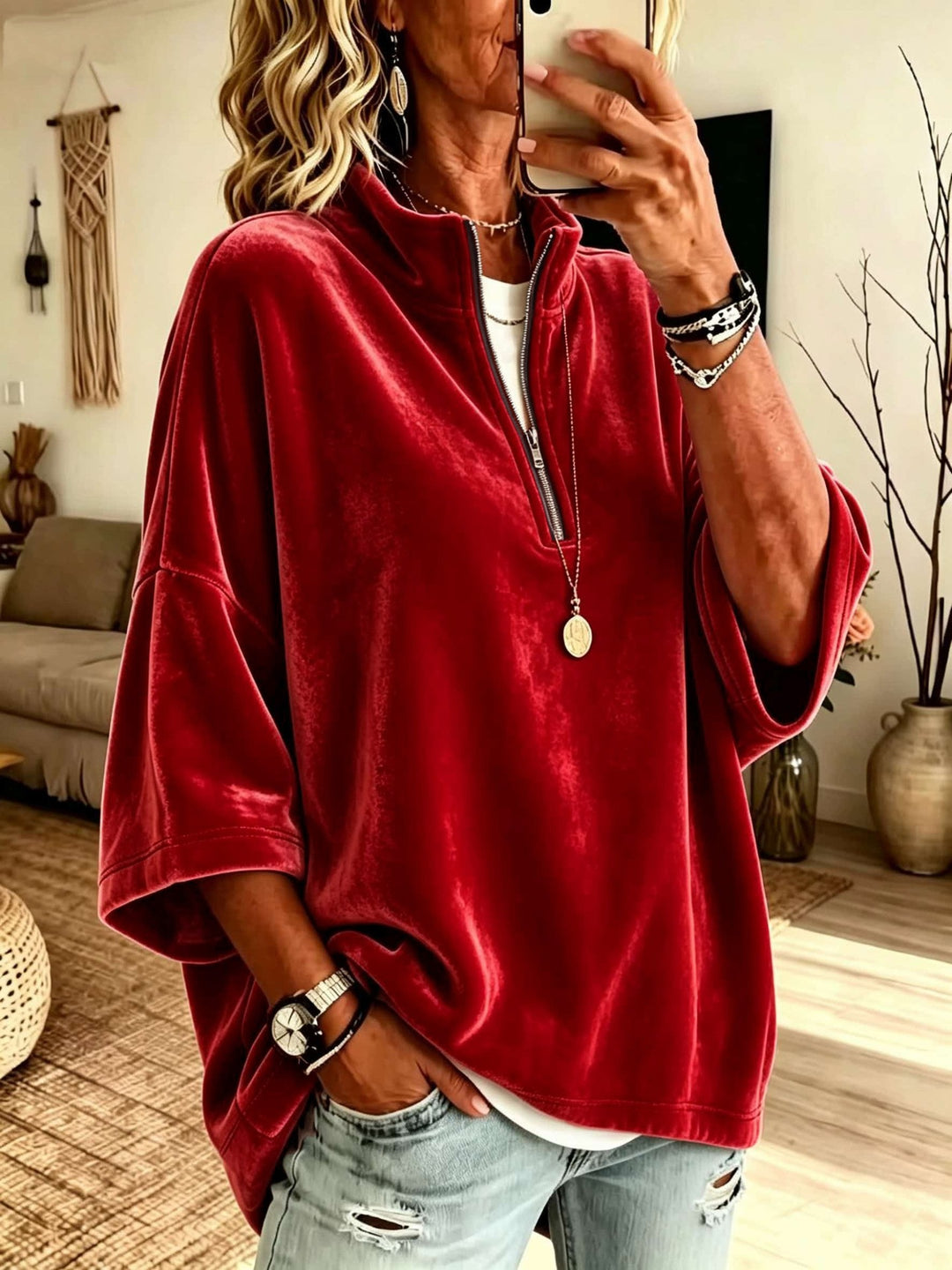 Damen Oversize Samt-Pullover mit kurzem Reißverschluss und Stehkragen Shop Nory