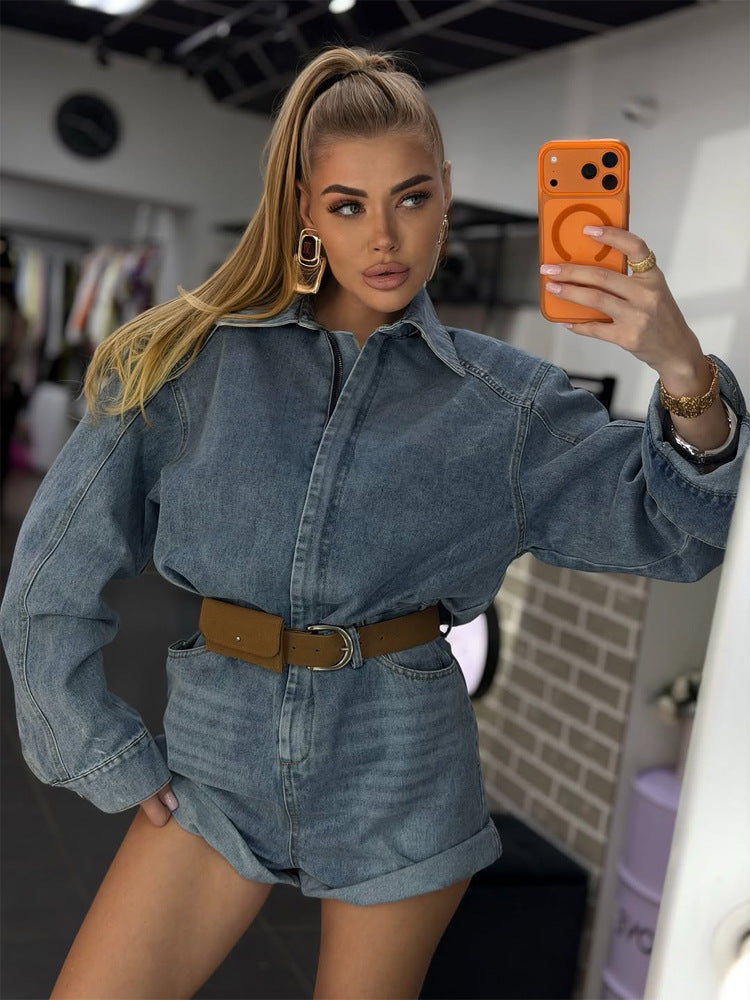 Damen Denim-Shorts-Overall mit kastigem Hemdoberteil und Taillengürtel Shop Nory