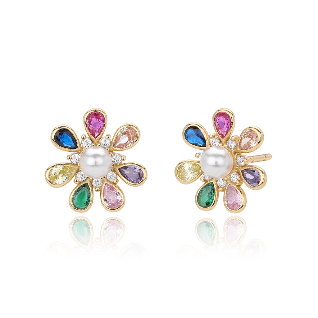 Damen Ohrstecker mit luxuriösem Blumenmotiv aus hochglänzendem 925 Sterling Silber und bunten Zirkonsteinen Shop Nory
