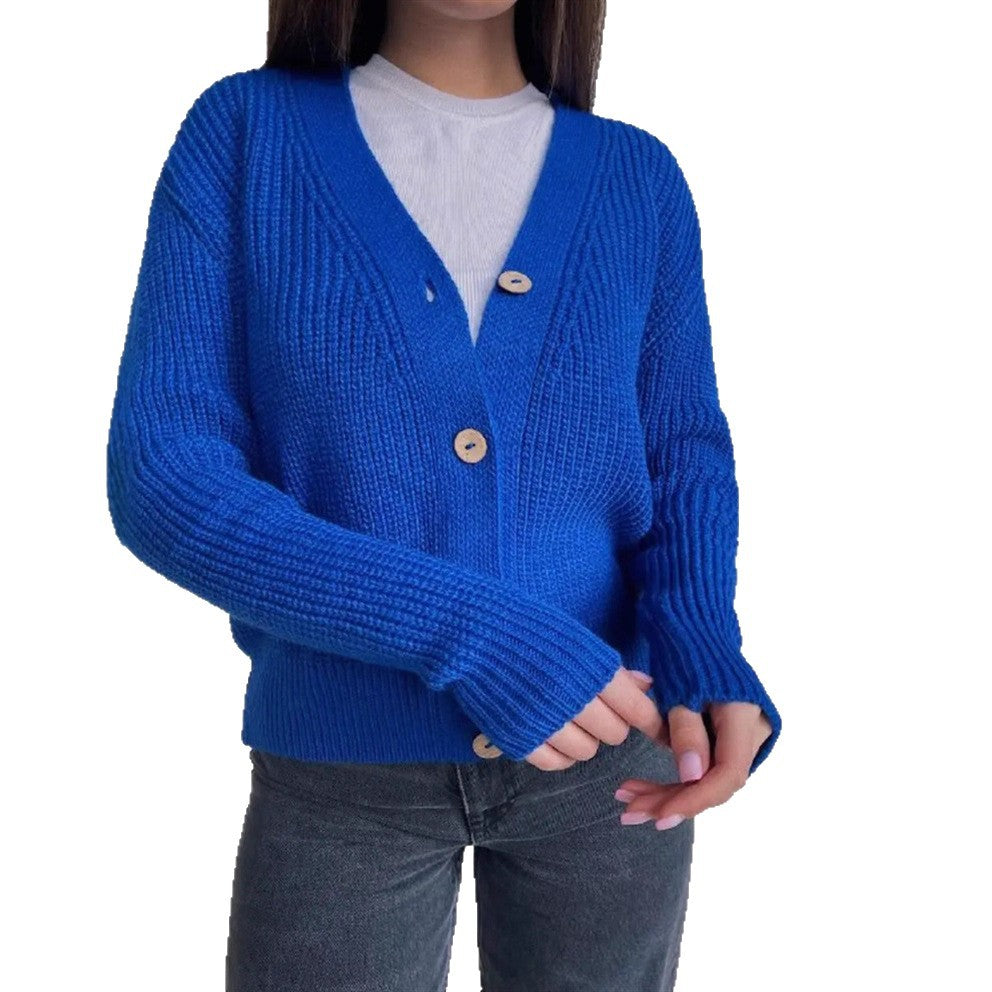 Damen Boxy-Grobstrick-Cardigan mit tiefer V-Leiste, Holzknopfverschluss und geripptem Saum Shop Nory