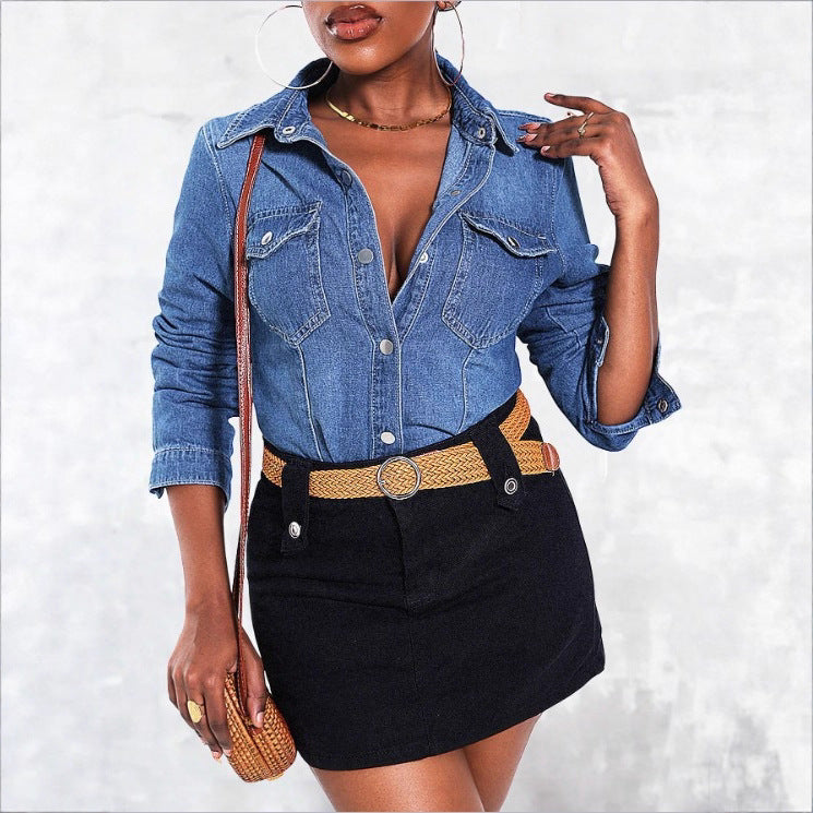 Damen tailliertes Denim‑Hemd mit Pattentaschen und Druckknopf‑Front Shop Nory