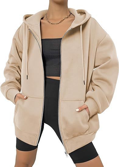 Damen nan oversized Zip-Kapuzenjacke mit kontrastierendem Reißverschluss, doppellagiger Kapuze und Kängurutasche Shop Nory